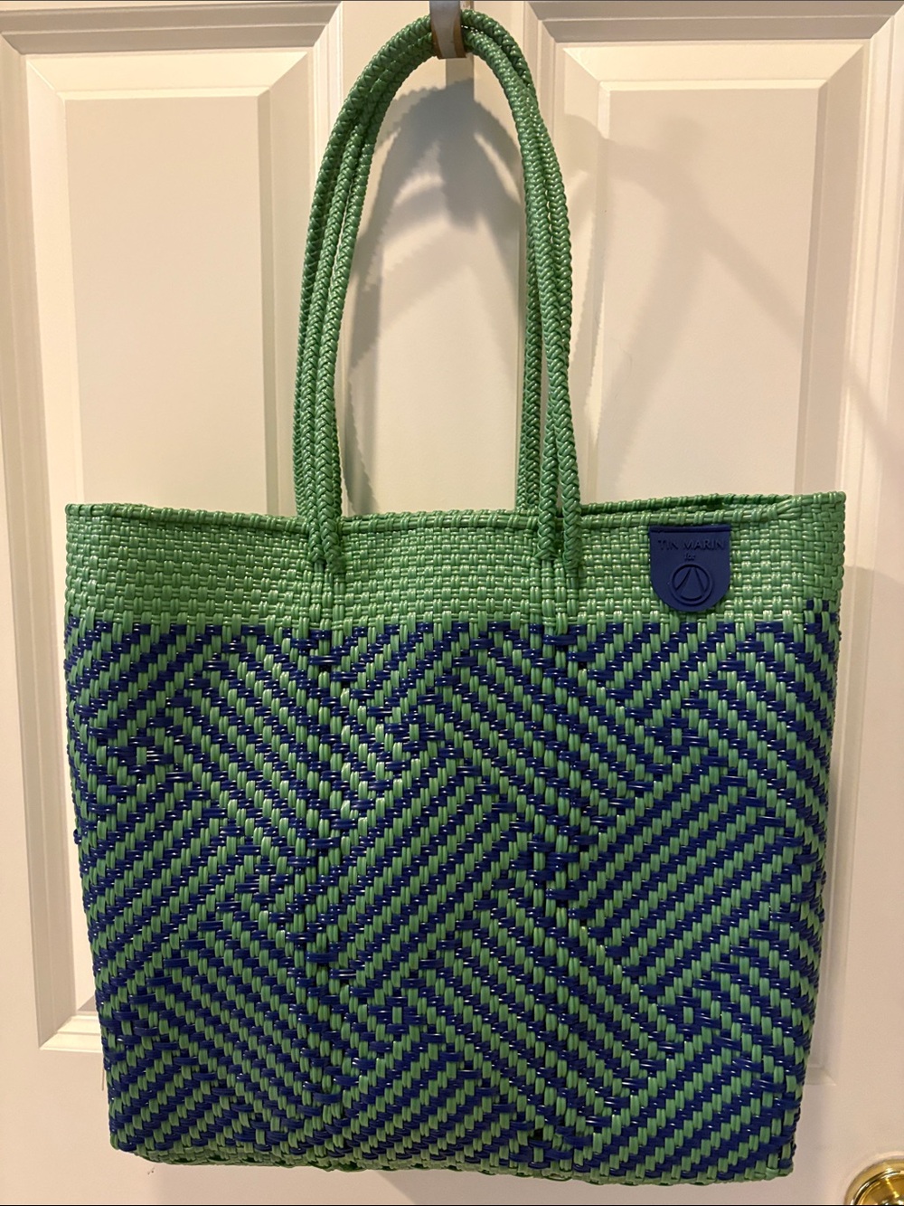 Tin Marin Woven Pattern Tote Bag in Green & Blue